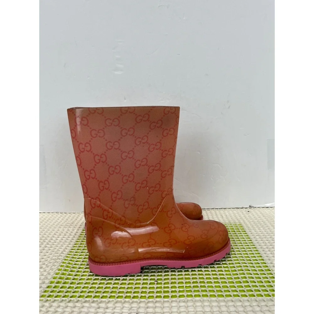 Gucci GG Monogram Rain Boots Kids 11.5 EU 29 Orange Pink Rubber Made in Italy